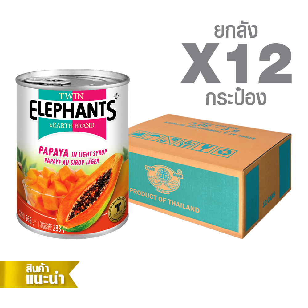 32-Twin Elephants_STD_Papaya_20 oz_packshot_2025-0 Canned Papaya in Light Syrup (Chunk) (565 g. x 12 cans) - Image 1