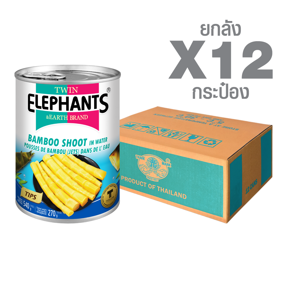 หน่อไม้ในน้ำเปล่า (หน่อ) ตราช้างคู่ Canned Bamboo Shoot in Water (Tips) (540 g. x 12 cans) - Image 1